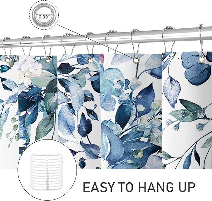 Extra Long Eucalyptus Shower Curtain 72 x 96 Inch, Blue Botanical Floor to Ceiling X-Long Shower Curtain, Watercolor Plant Leaves with Floral Decorative Bathroom Curtain with Hooks