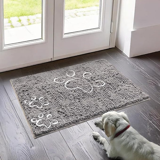 Muddy Mat® Paw Dog Door Embroidery Mat Super Absorbent Microfiber Indoor Outdoor mat for Muddy Paws, Non-Slip Washable Pet Rug, Quick Dry Chenille Entryway Carpet, Machine Washable – Grey 19”x30”