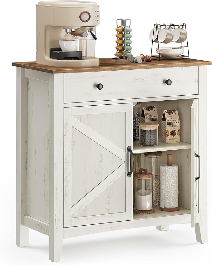 VASAGLE LIRY Collection - Buffet Cabinet, Coffee Bar Cabinet with a Drawer, Adjustable Shelf, Sideboard Storage with Cable Hole, Drawer Divider, Rustic White and Honey Brown UBBK341W01