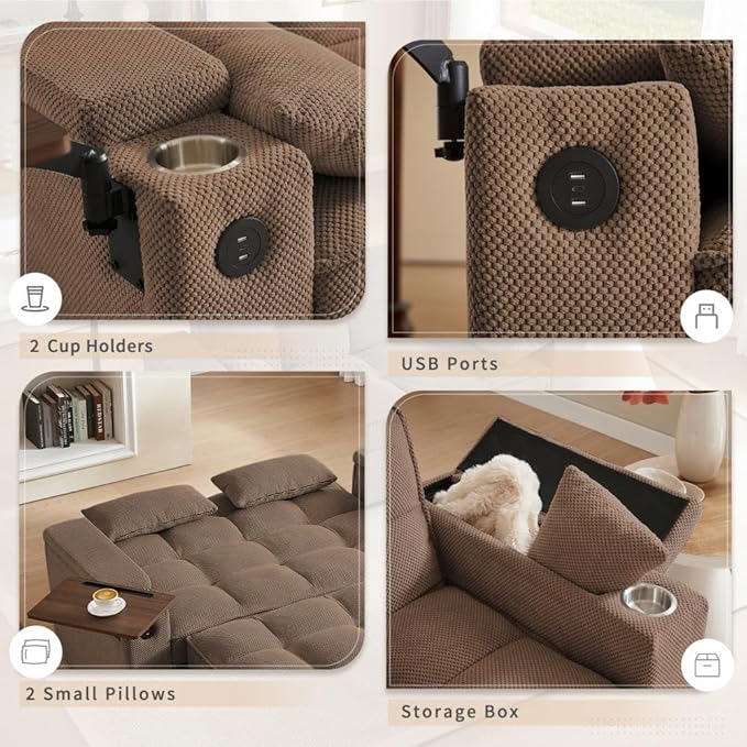 65'' Convertible Sleeper Sofa Bed with Adjustable Backrest, Chaise Lounge, Side Table & USB/Type-C Ports – Stylish & Functional Addition to Any Living Room (Brown)