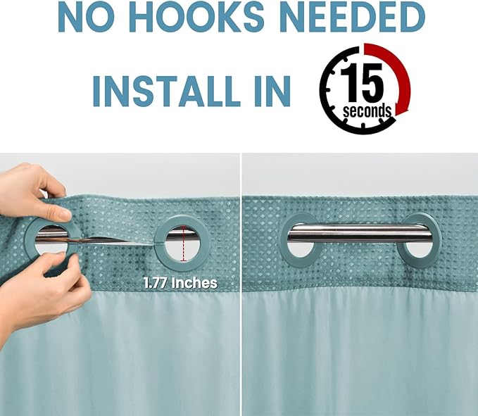 Teal Long No Hook Shower Curtain with Snap in Liner,230GSM Waffle Weave Shower Curtains for Bathroom,71W x 86H