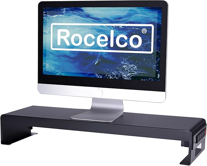 Rocelco 40" Large Height Adjustable Standing Desk Converter with Dual Monitor Stand BUNDLE - Quick Sit Stand Up Computer Workstation Riser - Retractable Keyboard Tray - Teak (R DADRT-40-DMS)