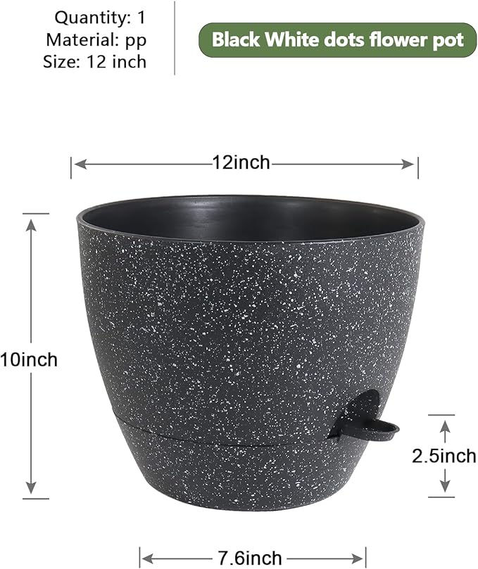 12 inch Large Self Watering Pots, Planter, Plant Pots with Mesh Drainage Holes for Indoor Outdoor House Plants and Garden, Plastic Flower Pots with Deep Reservoir, Speckled Black