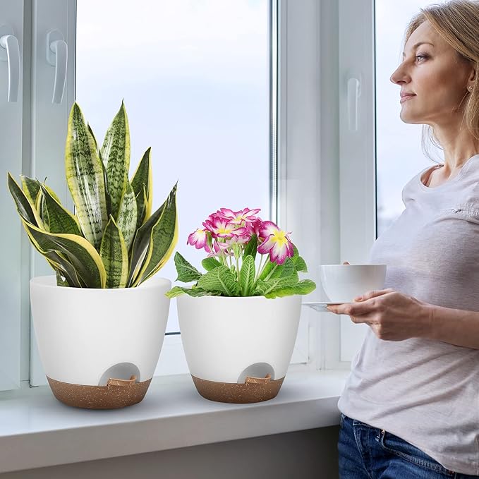 Plant Pots 10/9/8 Inch Self Watering Pots, Set of 3 Plastic Planters with Drainage Holes and Saucers,Plastic Flower Pots,Nursery Planting Pot for Indoor Out Door Plants（White）
