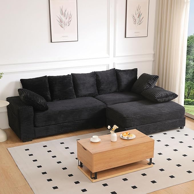 108" Oversized Sectional Sofa Modular Deep Seat Sofa Couch with Storage Ottoman, Comfy Upholstered Cloud Couches, Modern L-Shaped Corduroy Sofa Chaise with 8 Pillows for Living Room, Apartment, Black