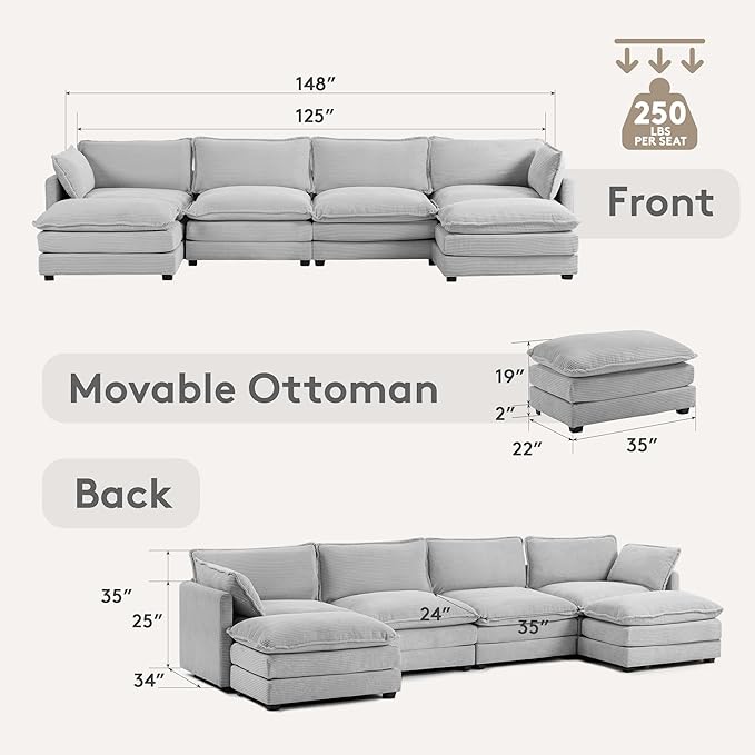 ROWHY 148'' Sectional Cloud Couch with 2 Ottomans, Oversized 4 Seat Sleeper Sofa with 2 Throw Pillows, Convertible Upholstered U Shaped Cozy Sofa Furniture Set for Living Room and Office, Light Grey