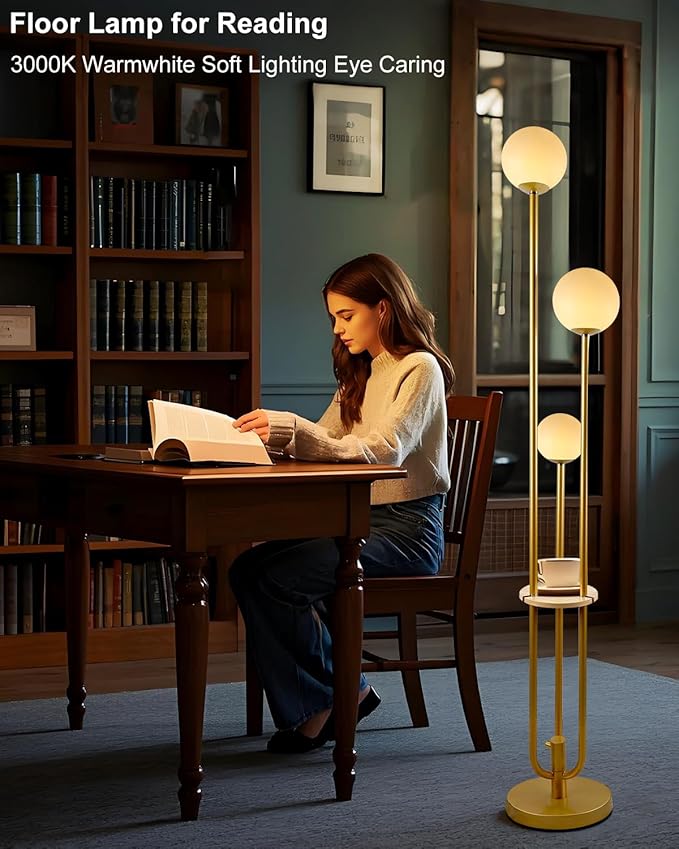 Lightdot LED Floor Lamp Dimmable Gold Globe Floor Lamps with Shelf Mid Century Modern Standing Lamp for Bedroom Living Room Home Office-Candle Holder Style Soft Eye-Caring