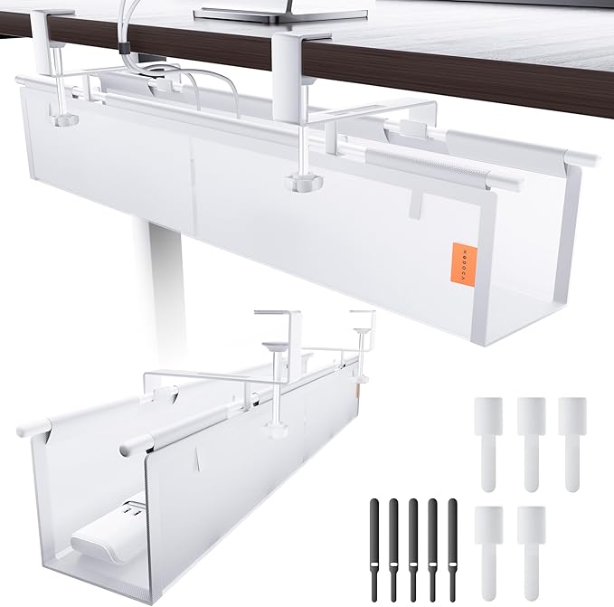 Under Desk Cable Management Tray No Drill, Cable Ties Included, Eco-Friendly Canvas Material, Mesh Design for Heat Dissipation, Cable Organizer/Storage for Standing Desk(27inch, White)