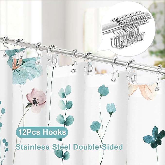 Gibelle 3 in 1 Shower Curtain Set, Teal Watercolor Floral Bath Curtain and PEVA Liner Set with 12 Double Sided Steel Hooks, Waterproof Fabric Bathroom Curtain 72x72