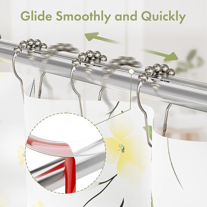 Amazer Shower Curtain Hooks, Decorative Shower Curtain Hooks Smooth, 12pcs Shower Hooks and 13ft Clear Curtain Hooks Prevents Shower Hooks from Snagging