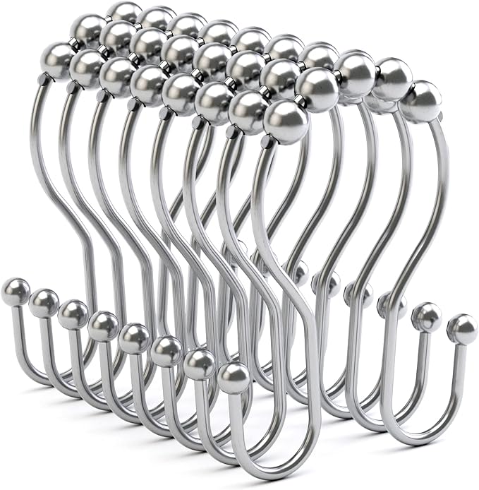 Shower Curtain Hooks Chrome Shower Curtain Rings Rust Proof, Smooth Glide Double Shower Curtain Hooks, 12Pcs Shower Curtain Hangers, Shower Hooks for Shower Curtain Bathroom Shower Rod Hooks