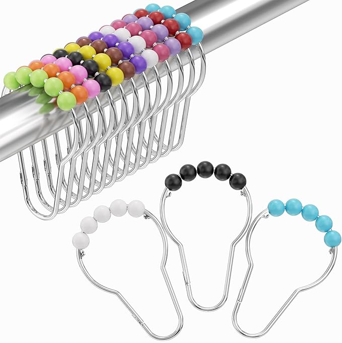 Amazer Shower Curtain Hooks, Decorative Shower Curtain Hooks, Colorful Shower Curtain Hooks, Rustproof Stainless Steel Shower Hooks for Bathroom Shower Curtain-Set of 12