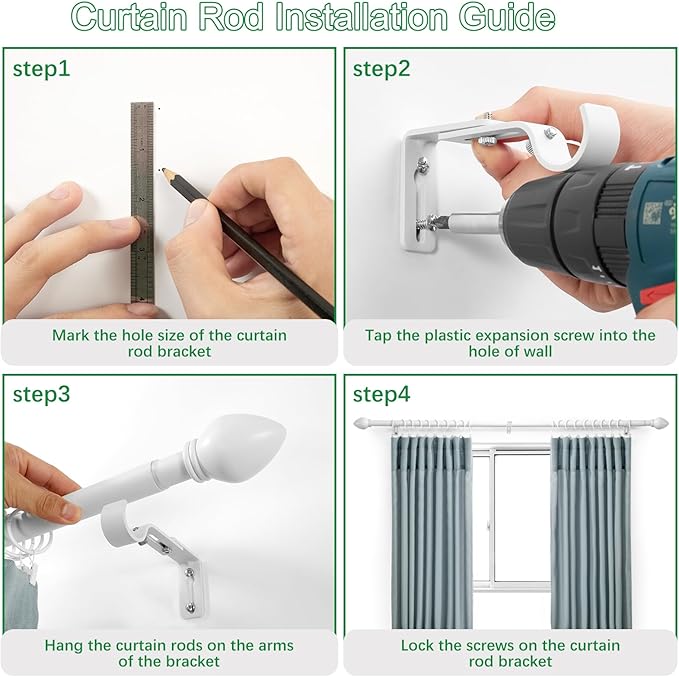 Curtain Rods for Windows 16 to 150 inches, Curtain Rod Max Adjustable Length to 158 in, Drapery Rod 1 inch Diameter with Modern Knobs Finials (White, 16" to 150" - Set of 2)