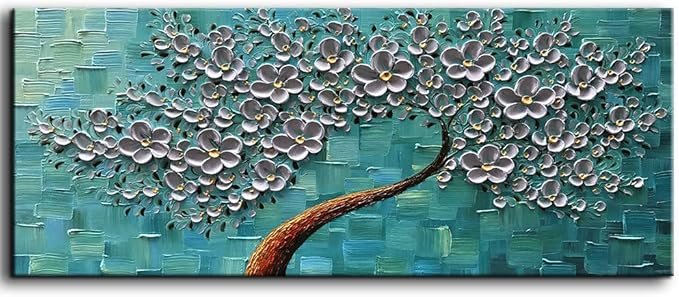 YaSheng Art - 24x60inch Large Wall Art Flowers Oil Painting On Canvas Texture Palette Knife 3D Silver Flowers Tree Paintings Abstract Artwork Canvas Wall Art Home Living Room Decor Painting