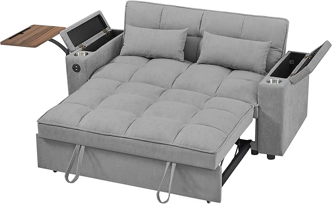 65'' Convertible Sleeper Sofa Bed with Adjustable Backrest, Chaise Lounge, Side Table & USB/Type-C Ports – Stylish & Functional Addition to Any Living Room (Light Grey)