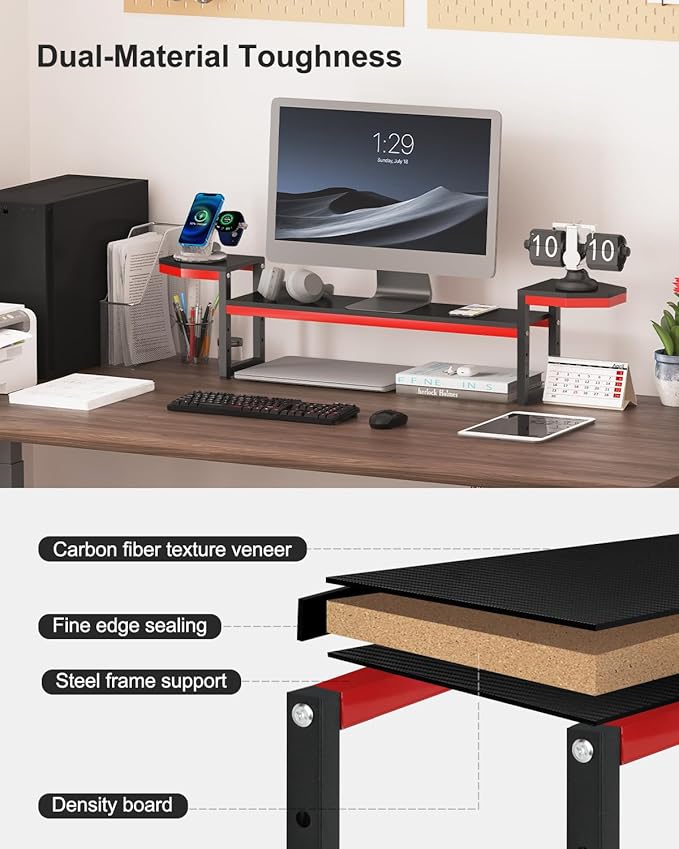Monitor Stand for Desk,Wood and Steel Monitor Stand Riser with Side Storage shelf,Height Adjustable Computer Monitor Stand,Long Desk Shelf Organizer for Computer/Laptop/PC/Printer, Black+Red