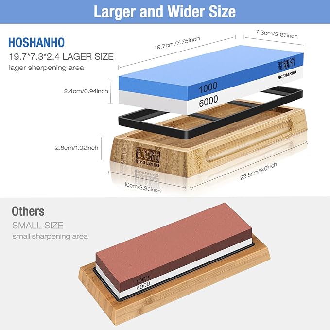 HOSHANHO Knife Sharpening Stone Set, Dual Grit Whetstone 1000/6000 Knife Sharpener, Wet Stone for Sharping Knives with Non-slip Rubber Base Angle Guide