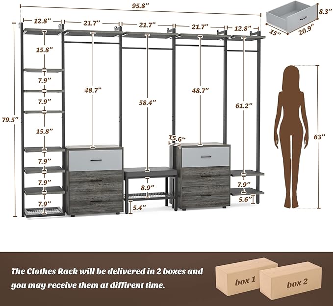 Aheaplus Clothing Rack Heavy Duty Closet Organizer for Hanging Clothes, Large Wall Mounted Garment Rack Clothes Rack with 6-Drawers for Wardrobe, Bedroom and as Walk-in Closet System, Grey Oak+Black