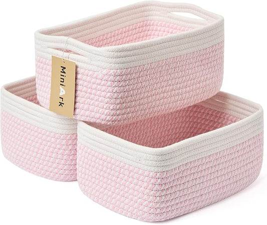 Small Storage Baskets for Organizing | Closet Organizer Bins | Shelf Toy Basket | Woven Rope Baskets | Cube Decorative Box | Shallow Basket | 13x8.5x5.1” | 3 Packs White Pink
