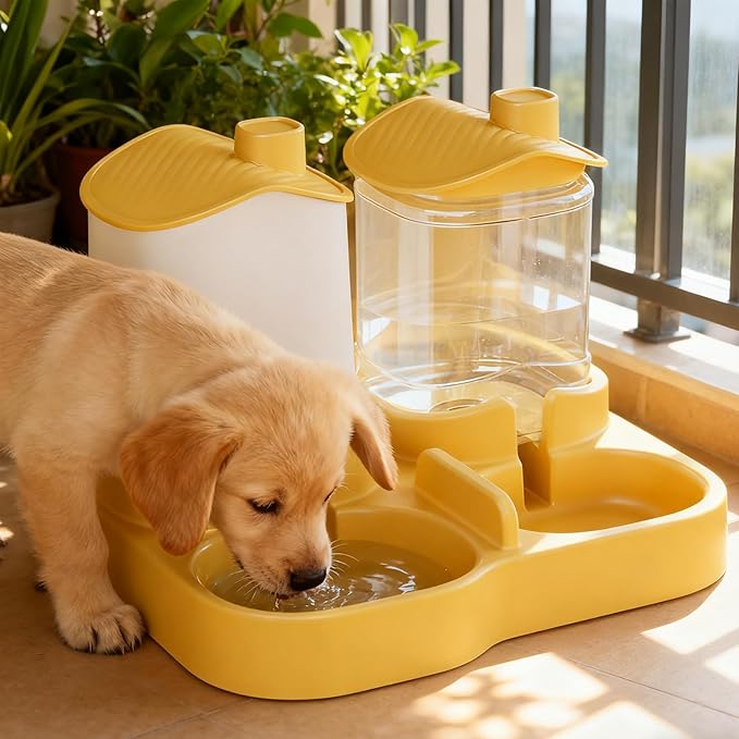 Automatic Cat Feeder, Dog Food and Water Bowl Set, Automatic Pet Feeder and Waterer Combo, 4L Cat Food Dispenser With, Gravity-Based Feeder for Cats and Small Dogs, No Need Electricity (Yellow)