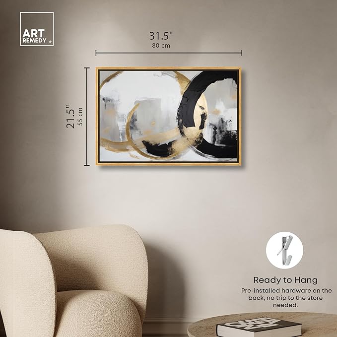 Art Remedy Another Dimension Canvas Modern Black White Abstract Wall Art, Gold Frame, 30" x 20"