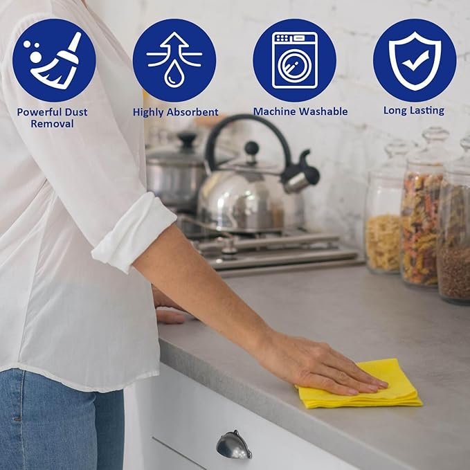 Microfiber Cleaning Cloths (12-Pack), 14" x 14", Ultra Absorbent, Lint-Free, Streak-Free, Reusable, Ideal for Car, Kitchen, Window, and Household Cleaning (Orange/Yellow/Green/Blue)