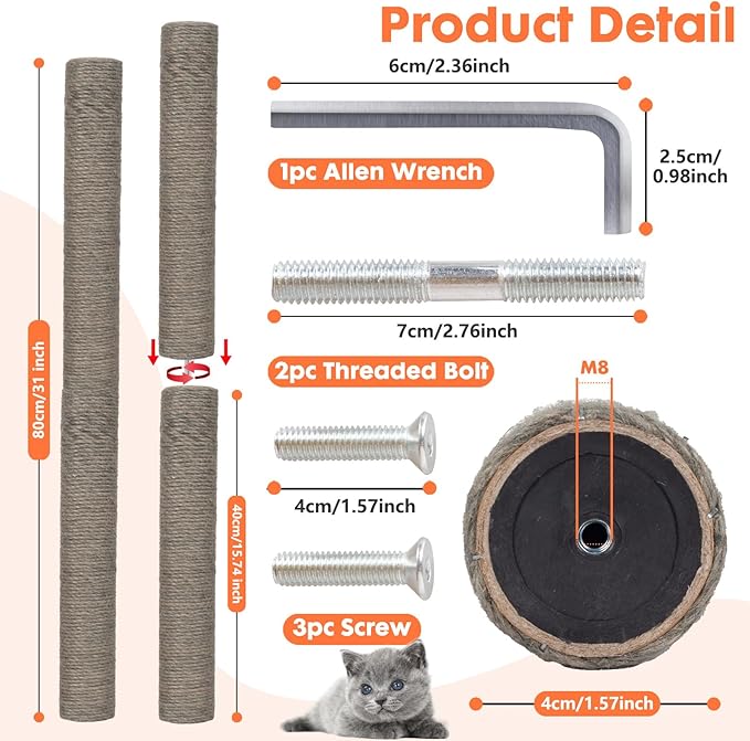 PowerKing Natural Sisal Replacement Scratching Post, 15.7'' 2 Pieces M8 Cat Scratch Post Refill Pole Parts for Refurbishment, Include Screws (Grey)