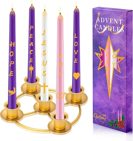 Advent Wreath Candle Holder Set with 5 Taper Candles, Gold Christmas Candle Ring Table Decoration for Advent Christmas Festival Home Church