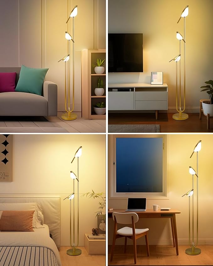 Lightdot Gold Floor Lamp for Living Room Modern Mid Century Standing Light with 3 Adjustable LED Bird Lights for Wedding Party Unique Candle Holder Style Tall Floor Lamp for Bedroom Kids Room
