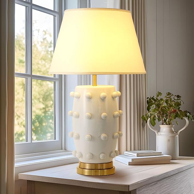 Modern Ceramic Linden Table Lamp - 30" White Ball Farmhouse Design, Classic Nightstand Large Linden Lamp Tapered Drum Shade for Living Room, Bedroom, Office, and Home （White）