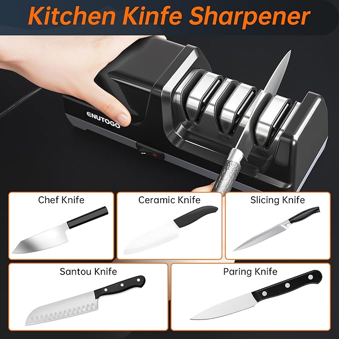 Knife Sharpener, Professional 3-Stage Electric Knife Sharpener for Kitchen Knives, 100% Diamond Abrasive for 20° Precision Angle Guide, Quickly Sharpening and Polish Blades