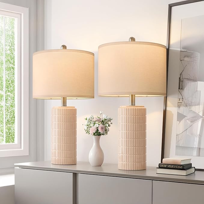 PoKat 23" Pink Ceramic Table Lamps Set of 2, Modern Bedroom Lamps for Girls Room, Bedside Lamps for Night Stands, Cute Lamps for Living Room Decor, Nightstands Desk Lamp, Pink