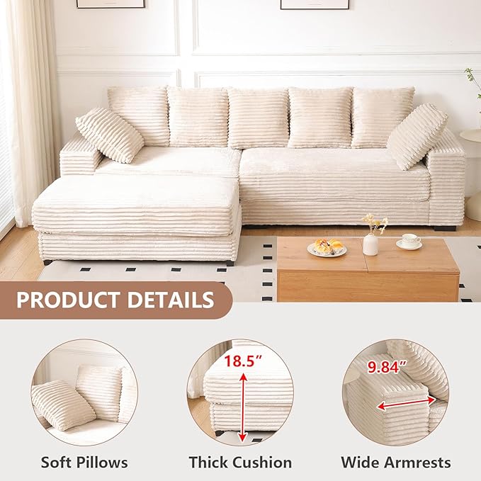 108" Oversized Sectional Sofa Modular Deep Seat Sofa Couch with Storage Ottoman, Modern Comfy Upholstered Cloud Couches, L-Shaped Corduroy Sofa Chaise with 8 Pillows for Living Room, Apartment, Beige