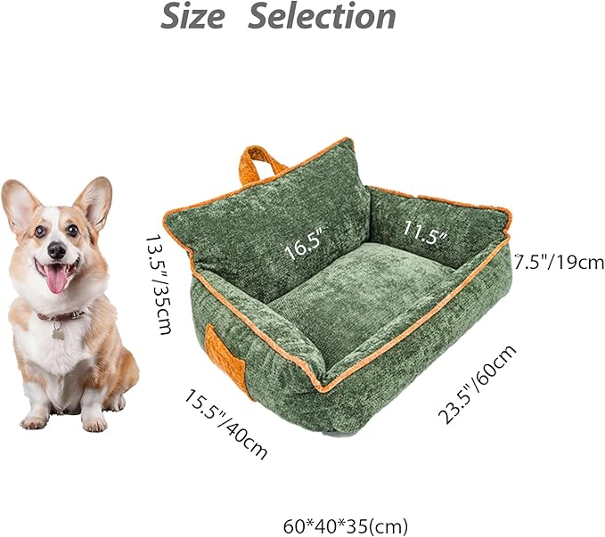 Small Dog Bed, Washable Pet Bed with Removable Cover, with Sides, Carry Handle & Side Pockets .Plush Chenille Orthopedic Pet Bed Couch for Small Breed Dogs & Cats .Calming