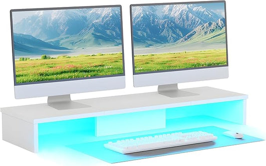 Dual Monitor Stand Riser for Desk with LED Lights, Large Computer Monitor Stand for 2 Monitors, Desk Shelf for Top of Desk, Desktop Organizer for Computer, Laptop, Printer, TV
