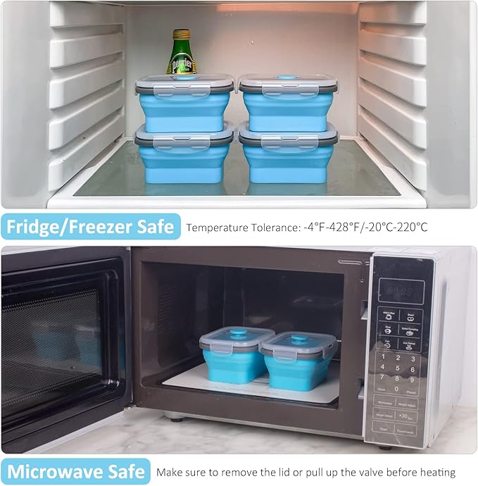 Collapsible Food Storage Containers with Lids & Vent, 11.8 oz, Kitchen Stacking Silicone Collapsible Meal Prep Container Set for Leftover, Microwave Freezer Dishwasher Safe, Blue Small 4 Pack