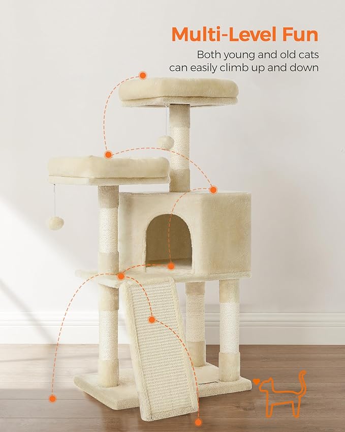 Feandrea Cat Tower, 45.3-Inch Cat Condo with Scratching Post, Ramp, Perch, Spacious Cat Cave, for Kittens, Elderly Cats, Adult Cats, Small Space, Beige UPCT141M01