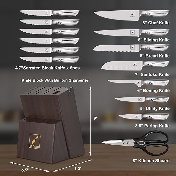 imarku® Knife Set, 15-Pieces HC Stainless Steel Kitchen Knife Set With Built in Knife Sharpener, Razor-Sharp Blade Knife Block Set With Non-Slip Handle, Dishwasher Safe, Best Birthday Gifts