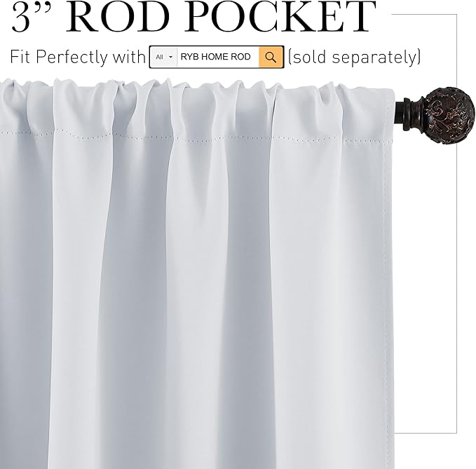 RYB HOME Room Darkening Curtains Bedroom Window Draperies Sunlight Shades Panels for Kid's Room Kitchen,42 inch Wide x 72 inch Long, Grayish White