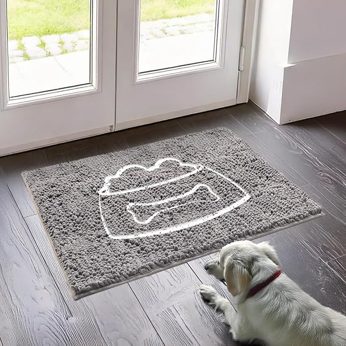 Muddy Mat® Pet Bowl Dog Door Embroidery Mat Super Absorbent Microfiber Indoor Outdoor mat for Muddy Paws, Non-Slip Washable Pet Rug, Quick Dry Chenille Entryway Carpet, Machine Washable – Grey 19”x30”