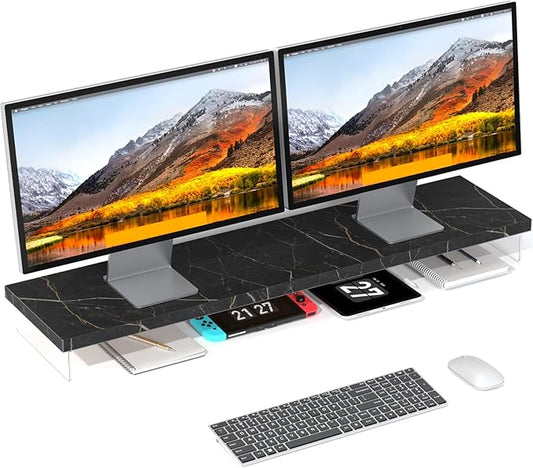 Dual Monitor Stand Riser, 40" Large Computer Monitor Stands for 2 Monitors, Wooden Desktop Organizer Shelf for Office Desk Computer, Laptop, TV, Monitor, Printer