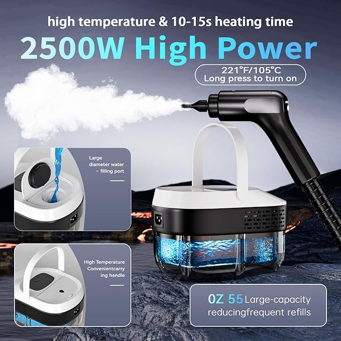 2500W Portable Handheld Steam Cleaner,54oz Large Capacity,3-Level Adjustable Handle,15s Fast Heating Steamer for Cleaning with 20 Pcs Accessories,Plug-and-Play Steam Cleaner for Home,Car,Kitchen,More