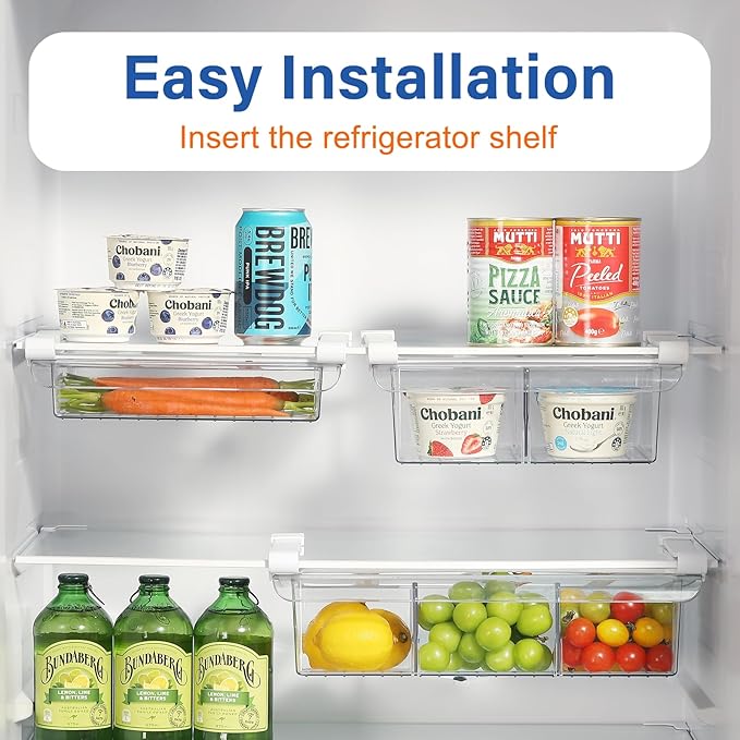 Pull-Out Fridge Drawer Organizer - Under Shelf Storage Bins for Refrigerator Organization for Fruits Vegetables, Cheese & Deli (Tall & Wide with dividers)