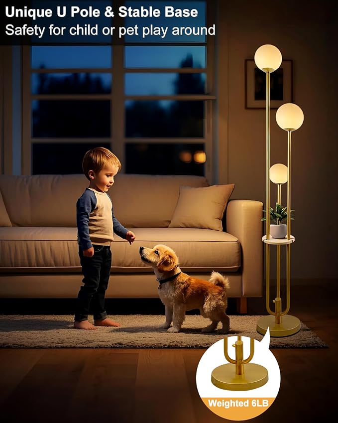 Lightdot LED Floor Lamp Dimmable Gold Globe Floor Lamps with Shelf Mid Century Modern Standing Lamp for Bedroom Living Room Home Office-Candle Holder Style Soft Eye-Caring