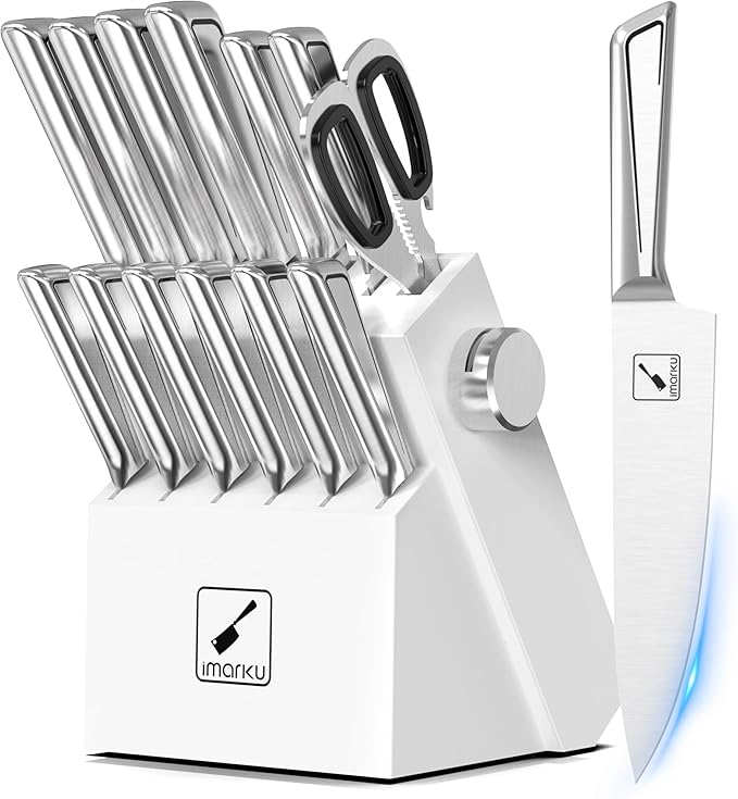 imarku 14-Piece Knife Set with Block, Built-in Sharpener, High Carbon Stainless Steel Kitchen Knives, Dishwasher Safe, Rust Resistant, Non-Slip Handle – Gift for Home Cooks & Chefs, White