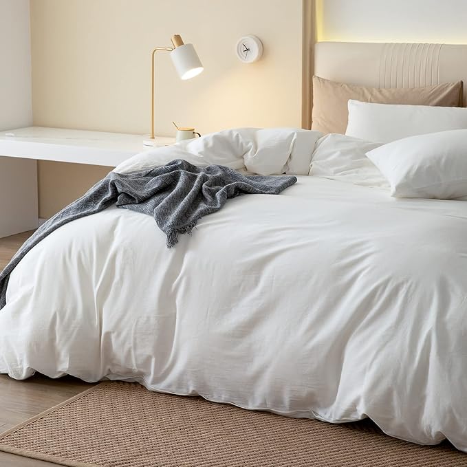 JIYUAN 100% Washed Cotton Duvet Cover Set 3 PCS Oversized King Plus, 1 Duvet Cover 128"x120"(Comforter Not Included) and 2 Pillowcases,Linen Feel Bedding Set Comfy and Breathable,Off White