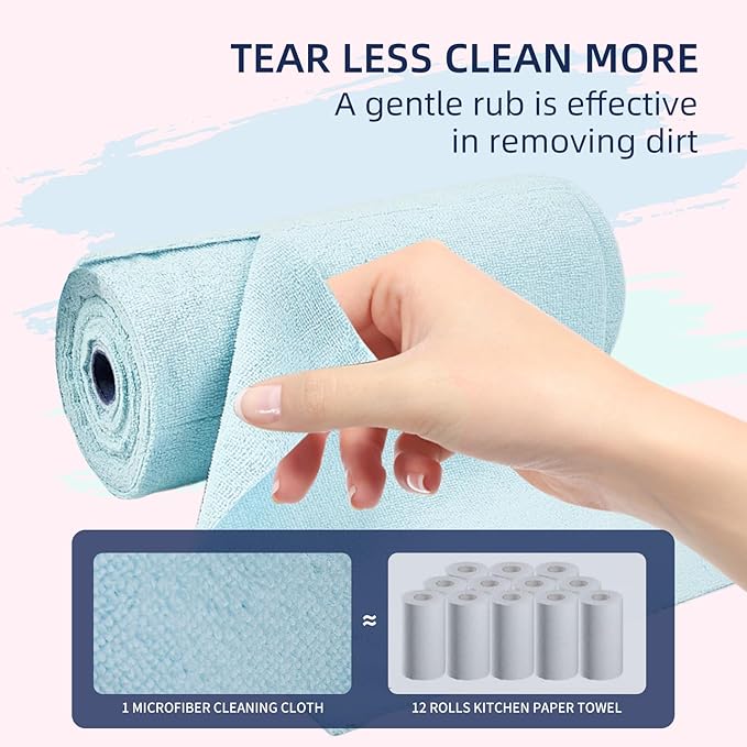 & PLUSH Microfiber Cleaning Cloth Roll - 50 Pack, Tear Away Microfiber Towels, 12" x 12", Reusable, Washable, Streak Free, Ultra Absorbent Dish Rags for Car, Home, Garage or Shop (Blue)