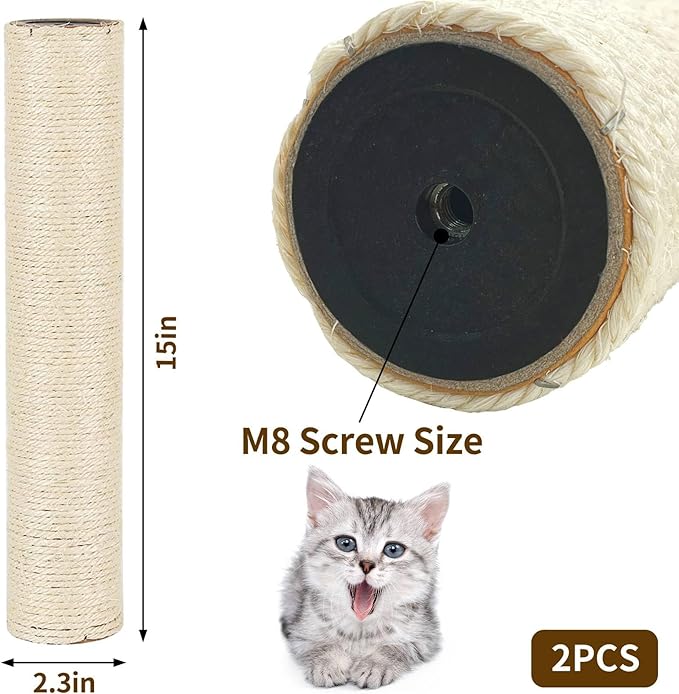 Fhiny 2PCS Cat Scratching Post Replacement 15" Natural Sisal Spare Extension Scratch Post for Cats Tree DIY Craft Refill Pole Parts Hemp Rope Scratcher Climbing Perch for Indoor Kitten White