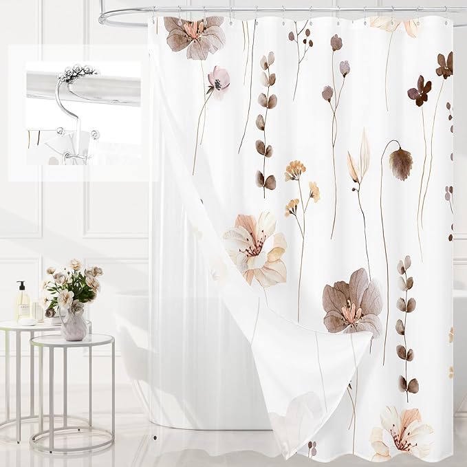 Gibelle 3 in 1 Shower Curtain Set, Brown Watercolor Floral Bath Curtain and PEVA Liner Set with 12 Double Sided Steel Hooks, Waterproof Fabric Bathroom Curtain 72x72