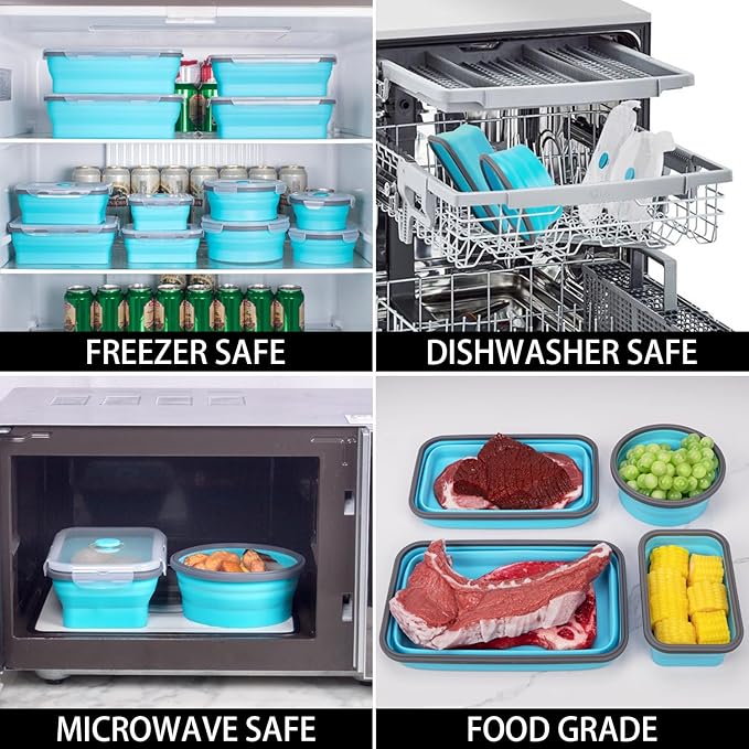 Collapsible Food Storage Containers with Lids 20 Pack(81oz/58oz Extra Large Included), 12 Rectangular+8 Round, Annaklin Silicone Collapsible Food Containers Sets Microwave Freezer Dishwasher Safe Blue